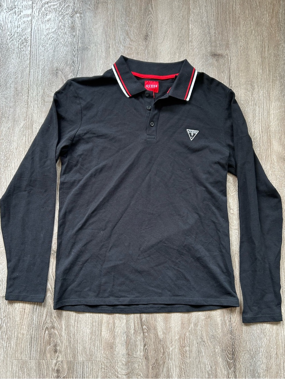 GUESS Men’s Black Long Sleeve Polo with Red-Trim Collar